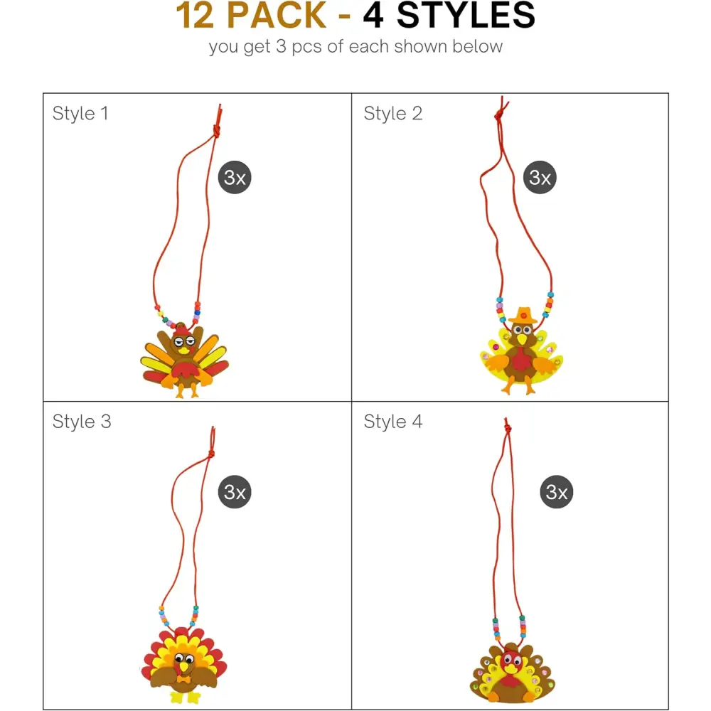 4E’s Novelty Thanksgiving Necklace Crafts For Kids Bulk – 12 Pack DIY Turkey Necklace Craft for Kids With 4 Styles