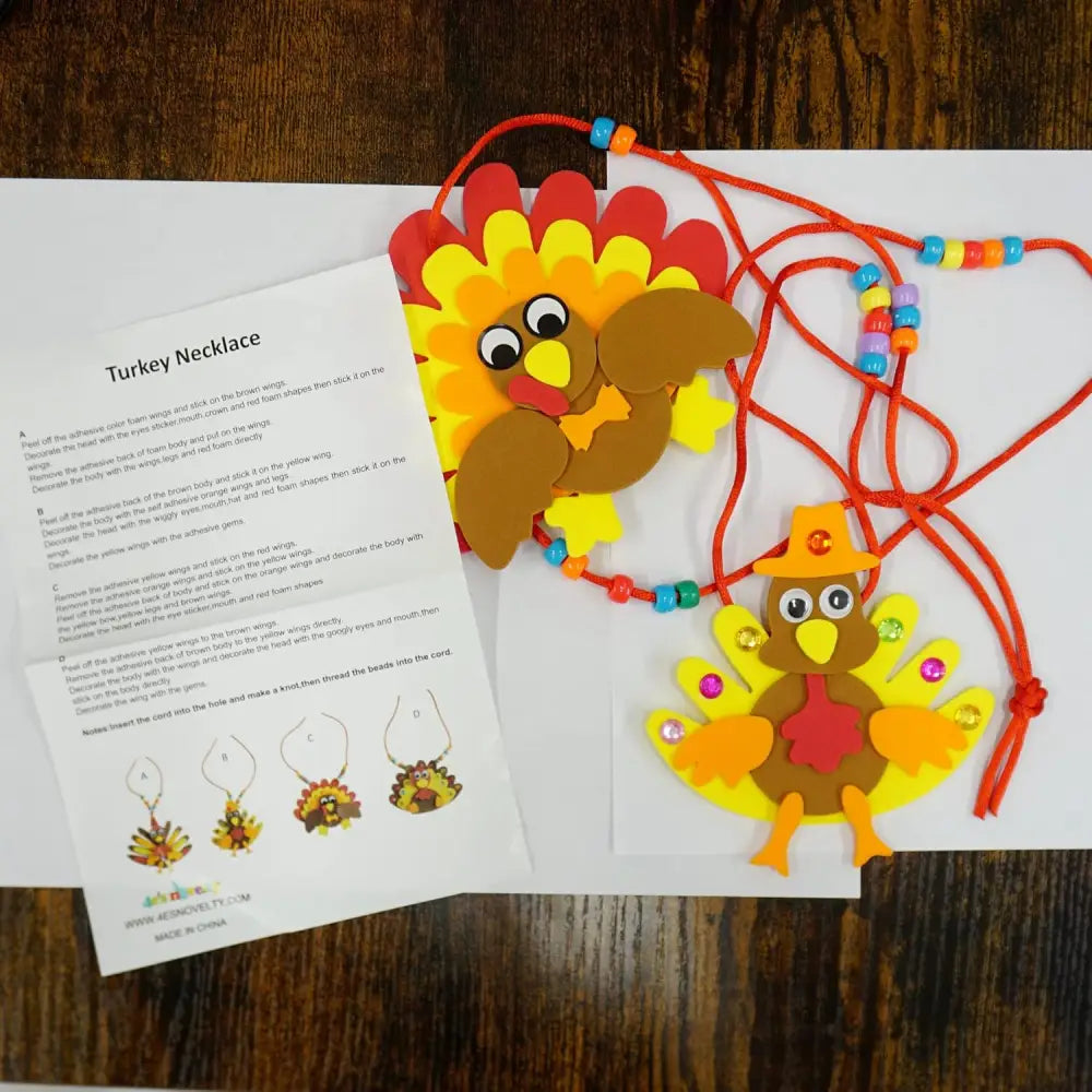 4E’s Novelty Thanksgiving Necklace Crafts For Kids Bulk – 12 Pack DIY Turkey Necklace Craft for Kids With 4 Styles