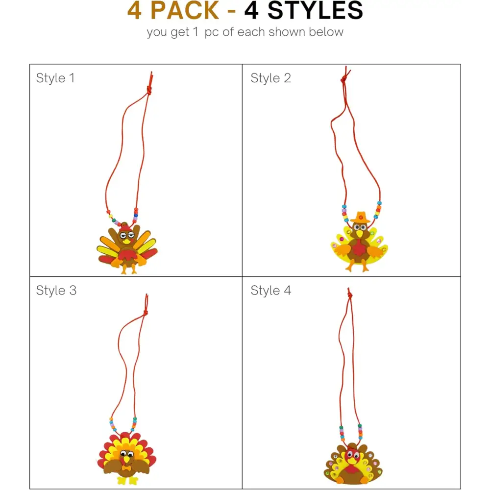4E’s Novelty Thanksgiving Necklace Crafts For Kids Bulk – 4 Pack DIY Turkey Necklace Craft for Kids With 4 Styles Great