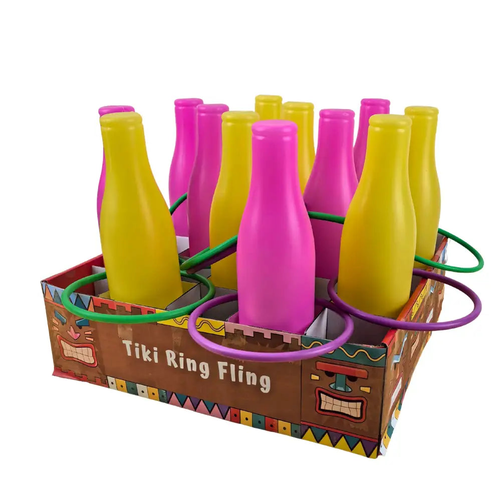 4E’s Novelty Tiki Bottle Ring Toss Game Set 12 Colorful Bottles – Fun Luau Party Games for All Ages