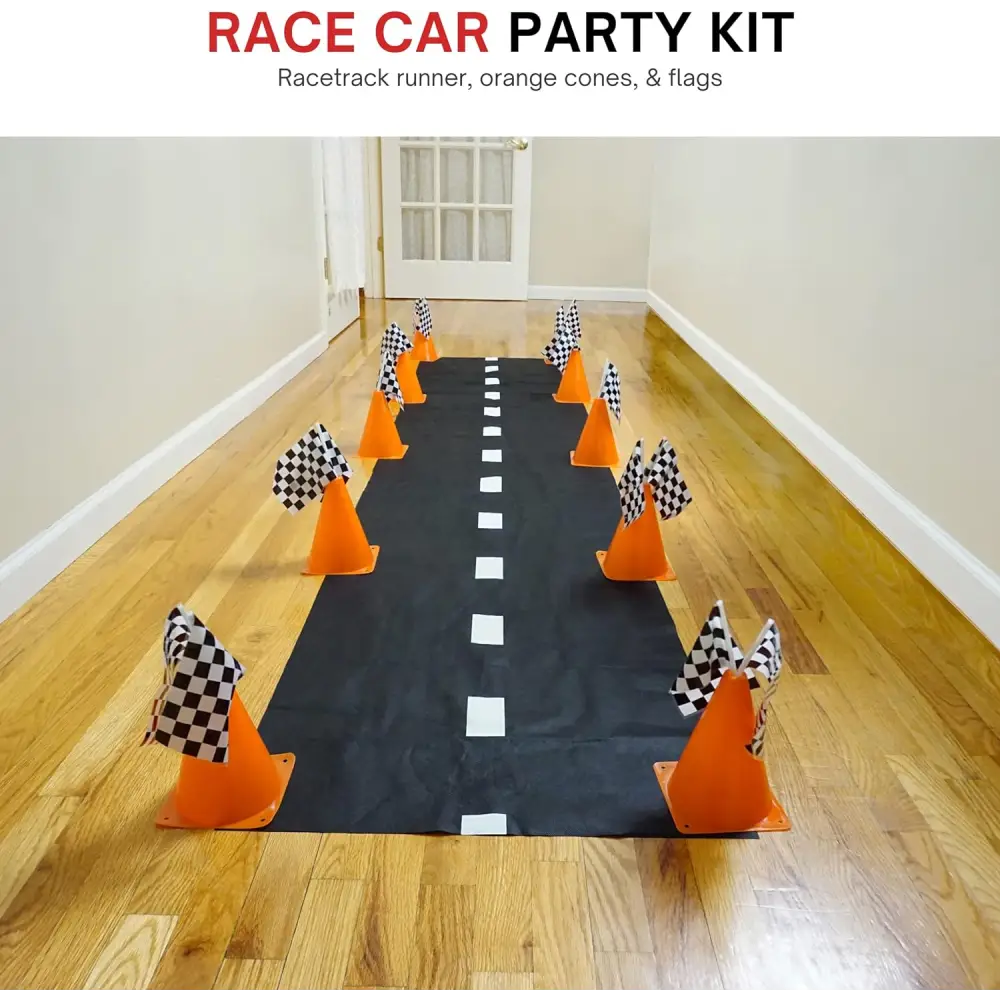 38 Pcs Set Includes 12 Traffic Cones, 24 Checkered Flags, and Racetrack Floor Runner for Birthday Party and Racing Theme Decoration by 4E's Novelty