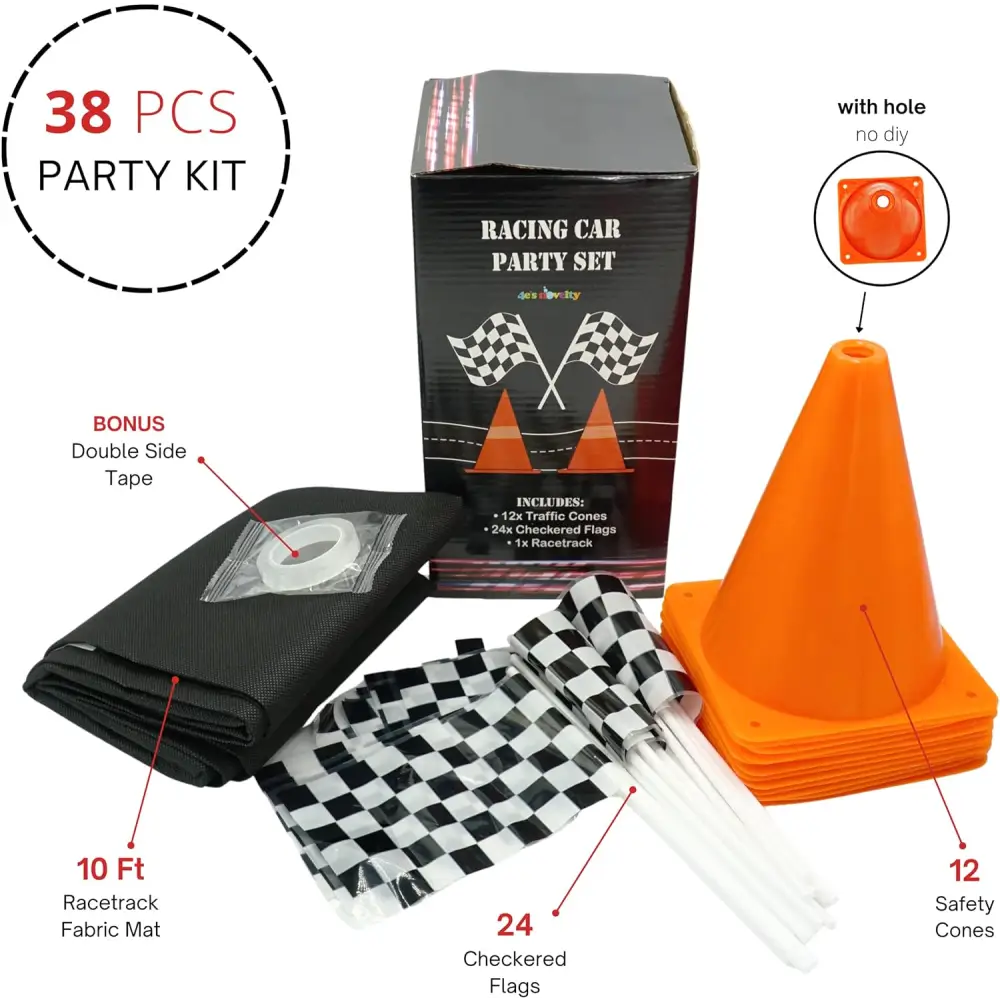 38 Pcs Set Includes 12 Traffic Cones, 24 Checkered Flags, and Racetrack Floor Runner for Birthday Party and Racing Theme Decoration by 4E's Novelty