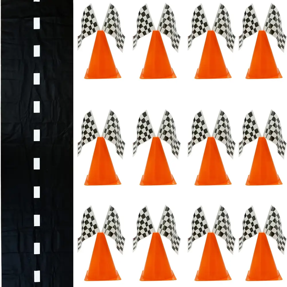 38 Pcs Set Includes 12 Traffic Cones, 24 Checkered Flags, and Racetrack Floor Runner for Birthday Party and Racing Theme Decoration by 4E's Novelty