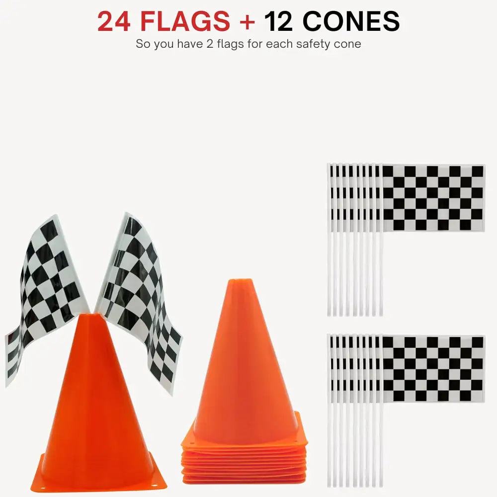 38 Pcs Set Includes 12 Traffic Cones, 24 Checkered Flags, and Racetrack Floor Runner for Birthday Party and Racing Theme Decoration by 4E's Novelty