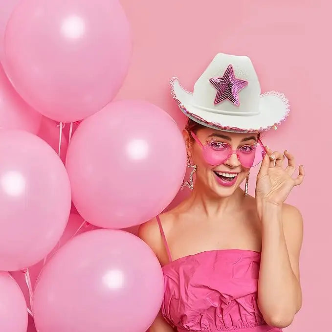 4E’s Novelty White Cowgirl Hat with Pink Star Brim Sequins and Light Pink Heart Sunglasses - Sparkly Cowgirl Hat