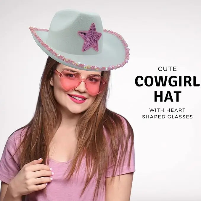 4E’s Novelty White Cowgirl Hat with Pink Star Brim Sequins and Light Pink Heart Sunglasses - Sparkly Cowgirl Hat