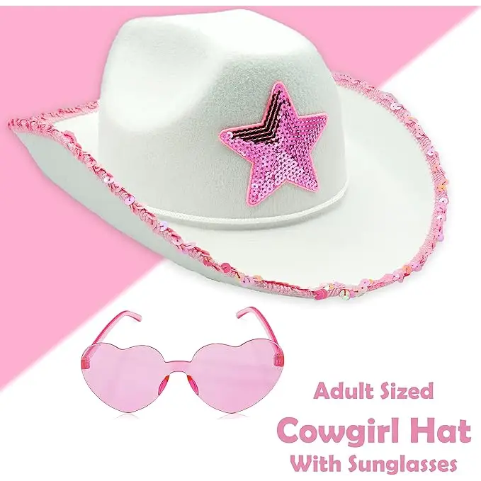 4E’s Novelty White Cowgirl Hat with Pink Star Brim Sequins and Light Pink Heart Sunglasses - Sparkly Cowgirl Hat