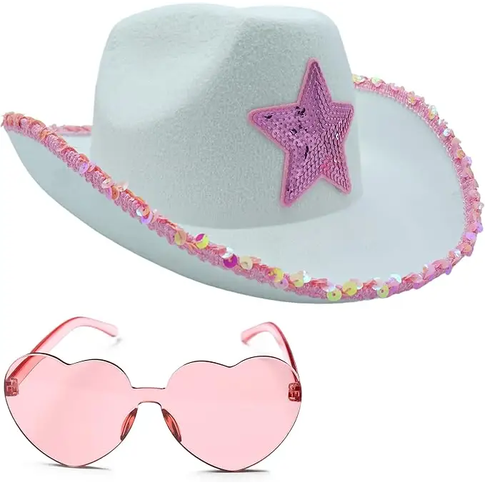 4E’s Novelty White Cowgirl Hat with Pink Star Brim Sequins and Light Pink Heart Sunglasses - Sparkly Cowgirl Hat