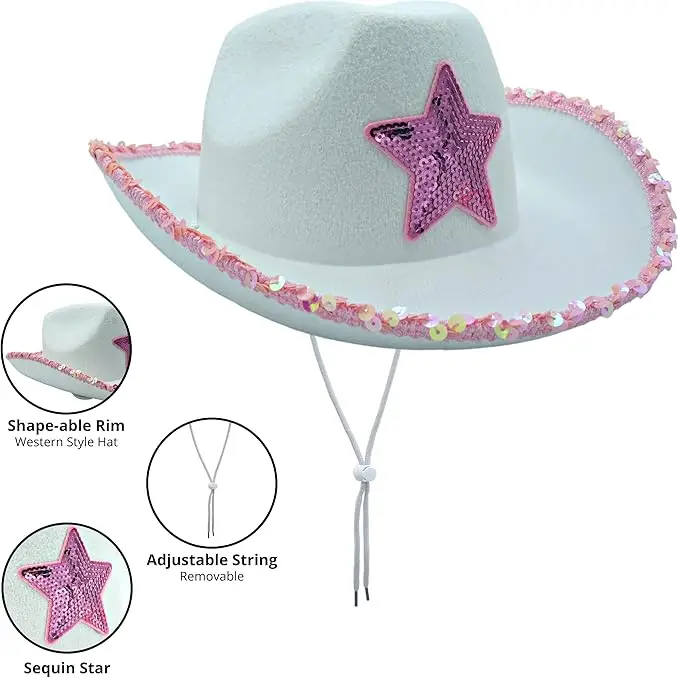 4E’s Novelty White Cowgirl Hat with Pink Star Brim Sequins and Light Pink Heart Sunglasses - Sparkly Cowgirl Hat
