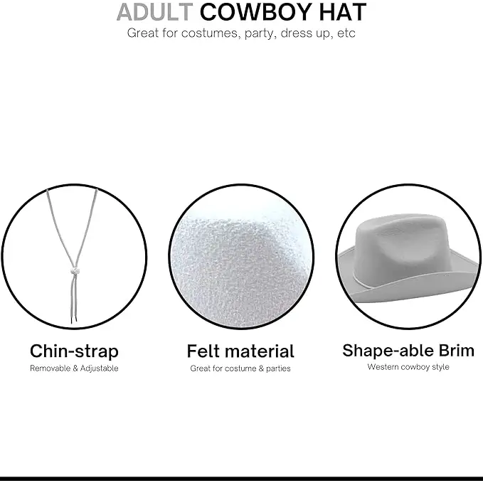 4E’s Novelty White Felt Cowboy Hat with Chinstrap – Unisex Western Style for All Occasions