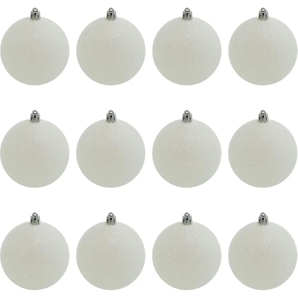 4E’s Novelty White Snowball Christmas Ornaments 12 Pack – Large 3.15” Shatterproof Glitter Ornaments for Christmas Tree