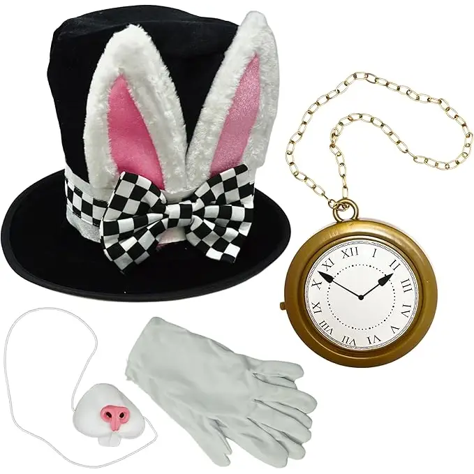 4E’s Novelty Wonderland Bunny Costume Accessories – Top Hat Rabbit Ears Gloves & Clock - Costume Accessories