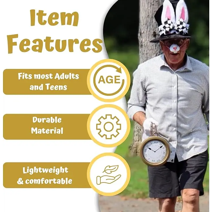 4E’s Novelty Wonderland Bunny Costume Accessories – Top Hat Rabbit Ears Gloves & Clock - Costume Accessories