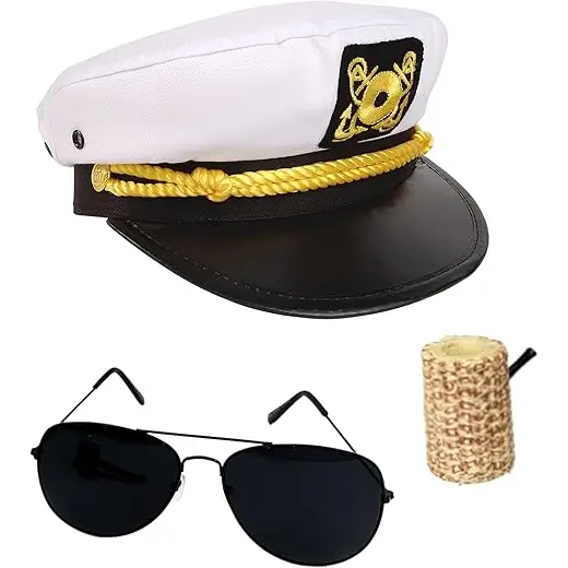 4Eโs Novelty Yacht Captain Hat Costume Accessories Set - Adjustable Captain Hat Aviator Sunglasses Fake Pipe