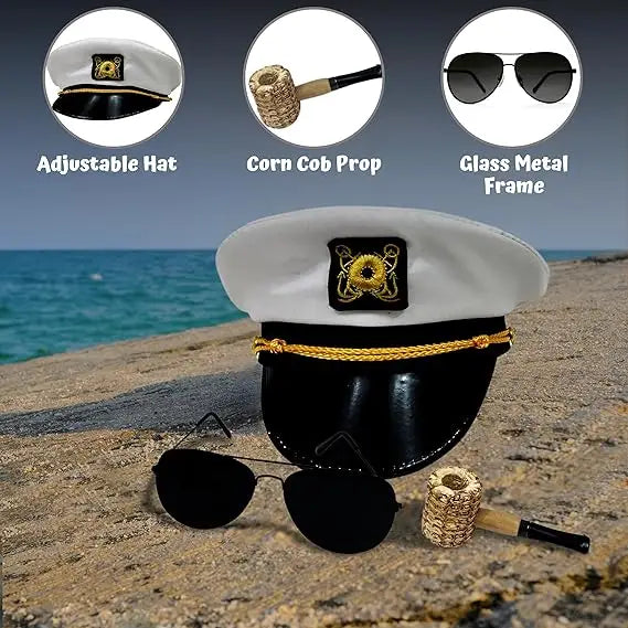 4Eโs Novelty Yacht Captain Hat Costume Accessories Set - Adjustable Captain Hat Aviator Sunglasses Fake Pipe