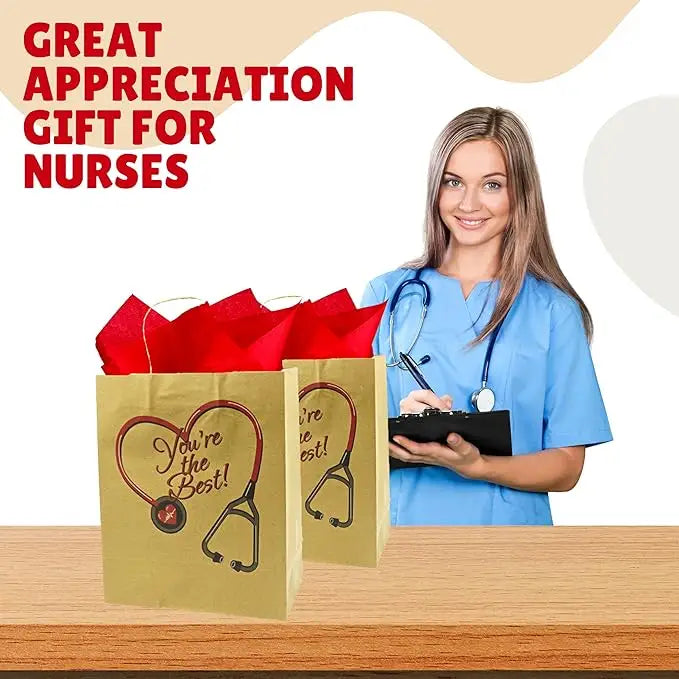 4E’s Nurse Gift Bags 12-Pack – Large Kraft Bags for Nurse Appreciation Week