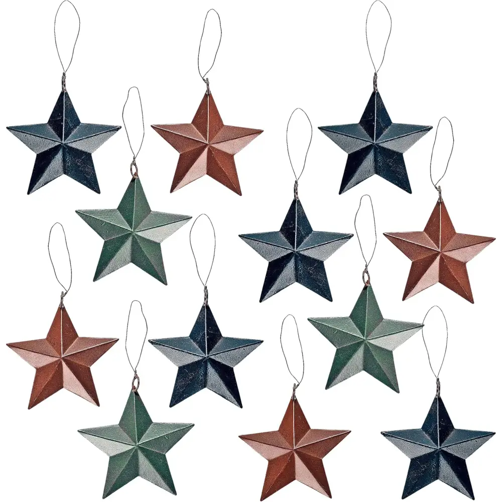 4E’s Rustic Barn Star Ornaments – 12 Set Primitive Tin Stars for Crafts & Farmhouse Decor
