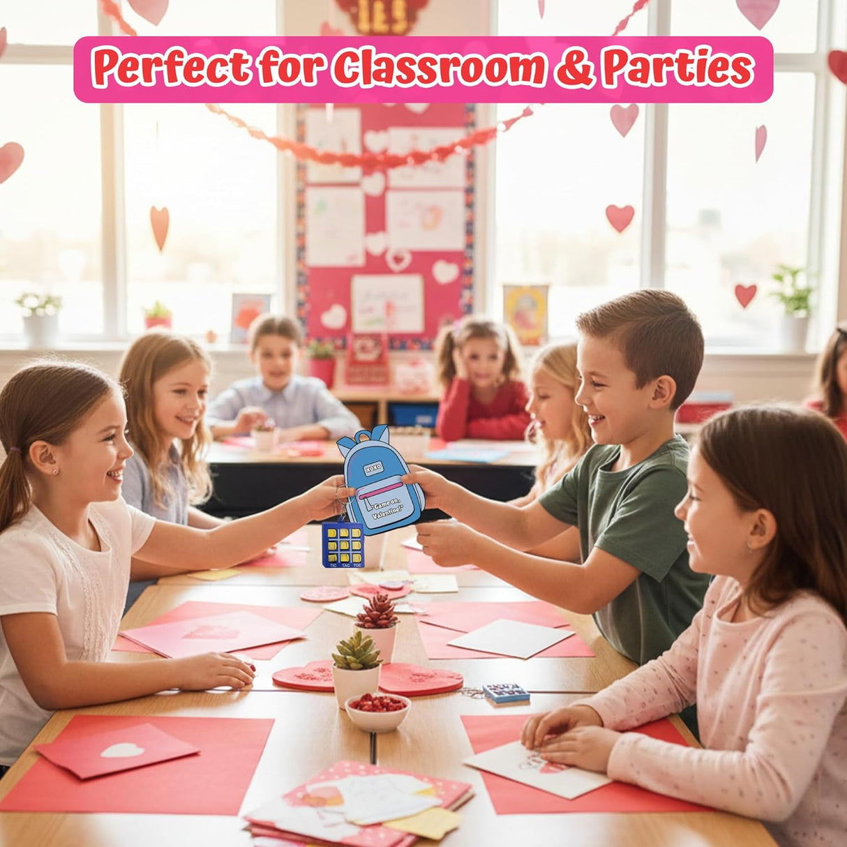 4E's Novelty 24 Pack Classroom Valentine Cards with Tic Tac Toe Keychains