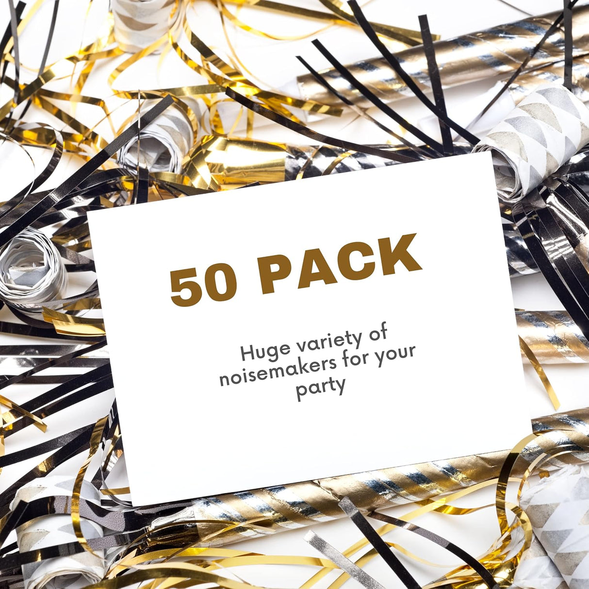 4E's Novelty 50 Pack NYE Noisemakers – New Years Eve Party Supplies