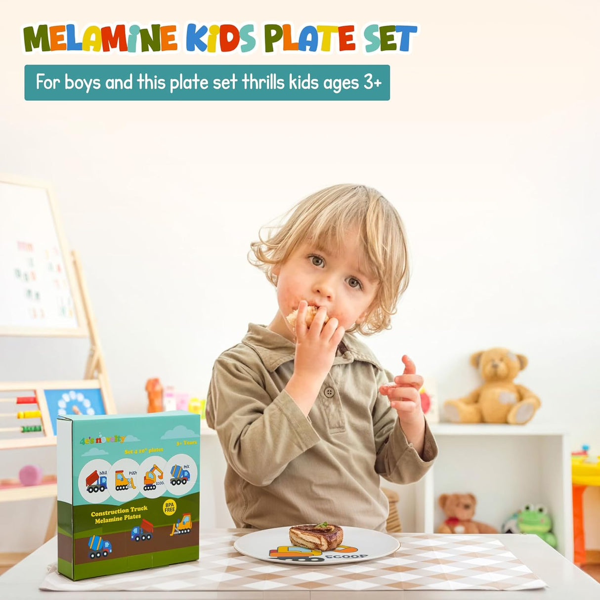 4E's Novelty 4 Melamine Kids Plate Set for Boys, Truck Theme Plate