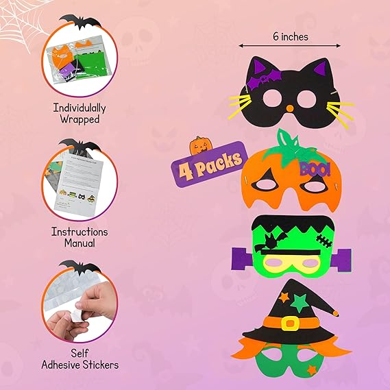 4E's Novelty 12 Pack Halloween DIY Mask Craft Kit – Foam Crafts for Kids Ages 3+, Party & Classroom Fun