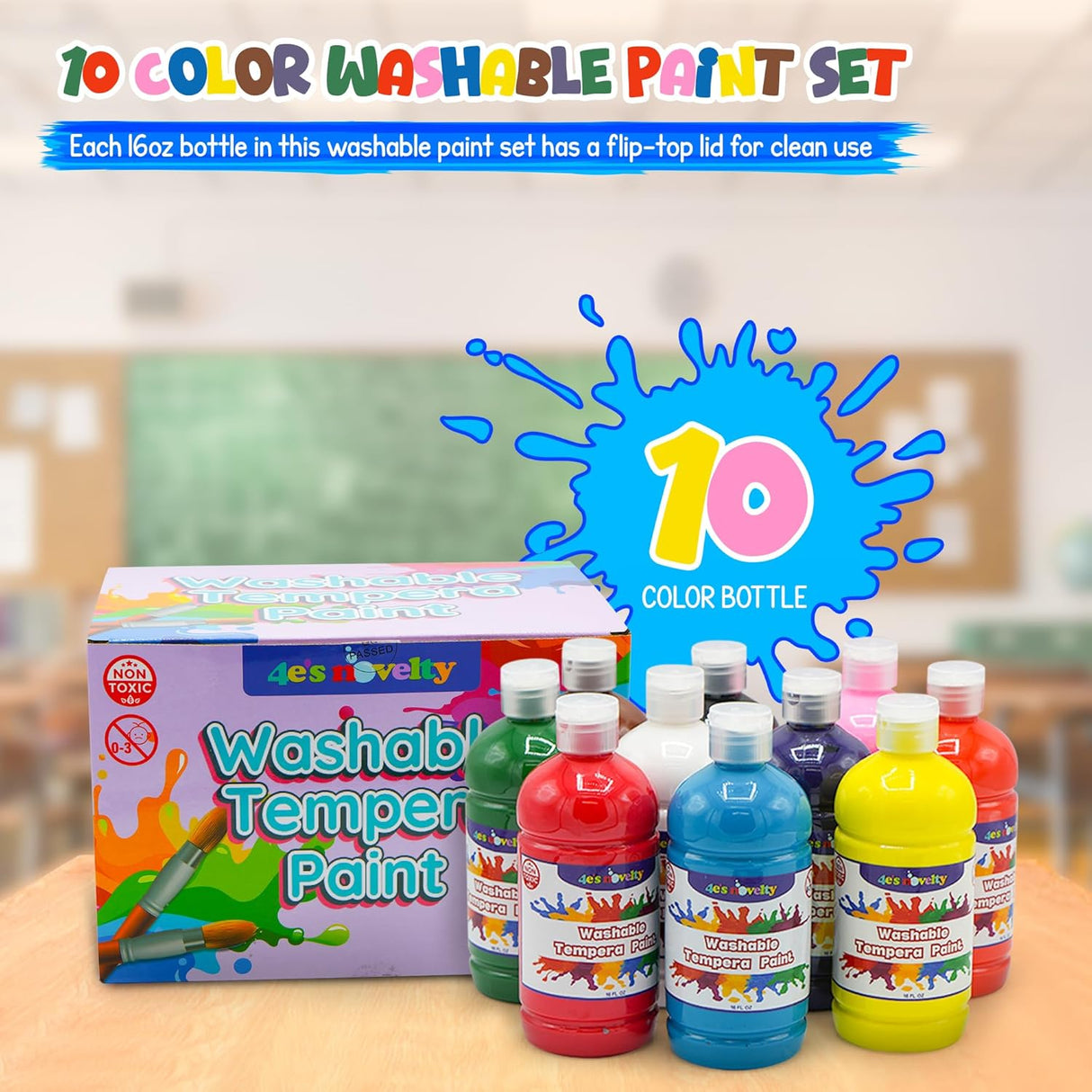 4E's Novelty Washable Tempera Paint Set for Kids – 10 Bright Colors