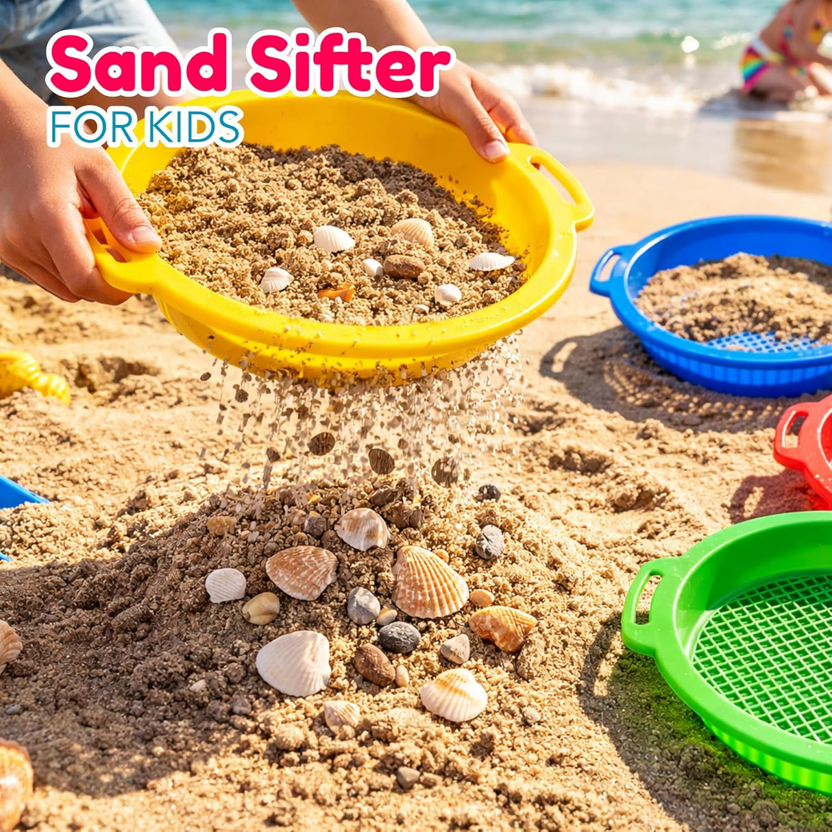 4E's Novelty 4 Pack Sand Sifter – 8.75" Sandbox Toys for Kids, Durable Beach Rock Strainers