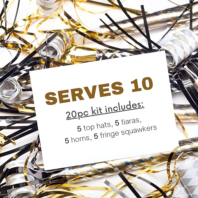4E's Novelty New Year’s Eve Party Supplies 2025 Kit for 10 – 5 Black Top Hats, 5 Glitter Tiaras, 5 Party Horns & 5 Fringe Noise Makers – Gold & Silver NYE Accessories for Countdown Party & Photo Props