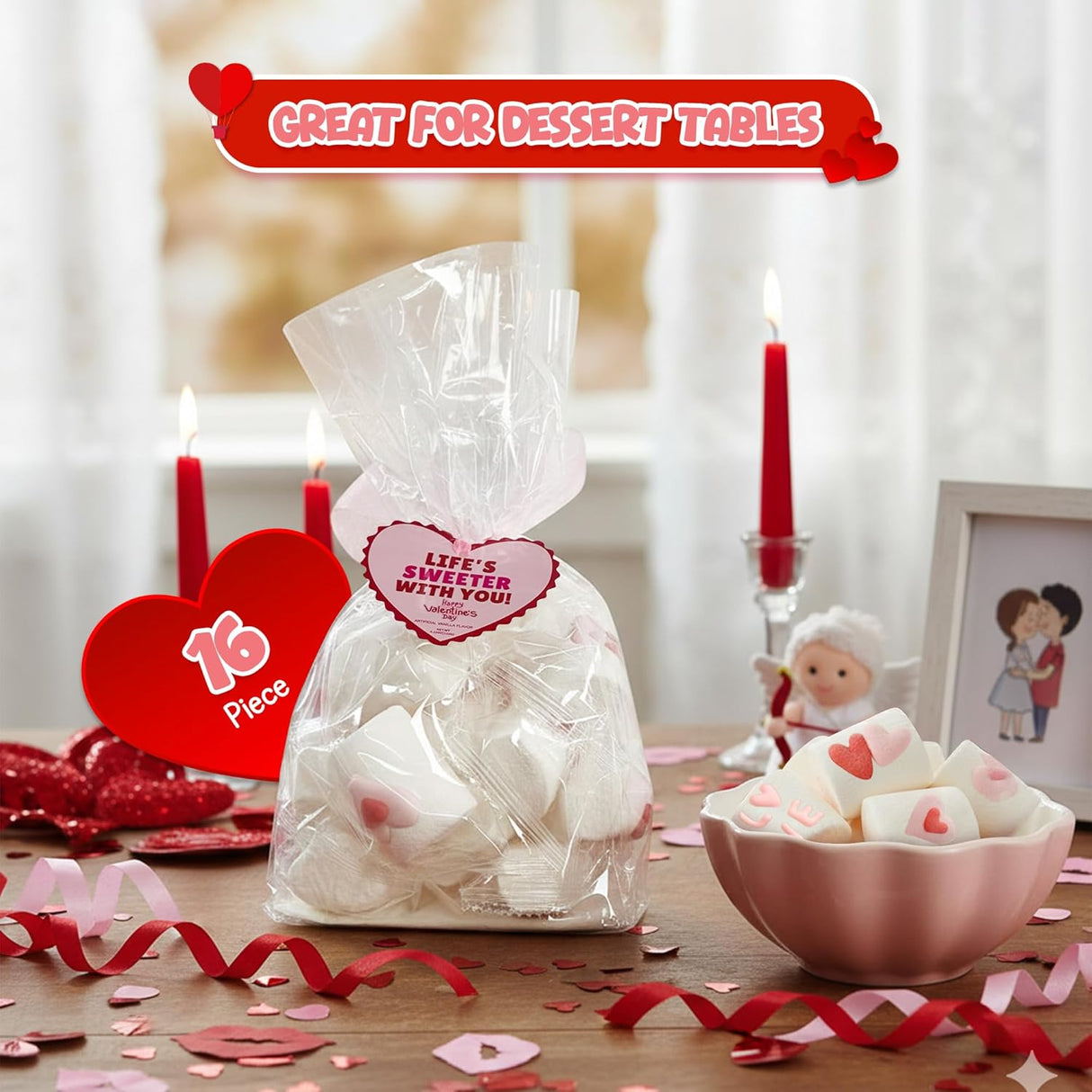 4E's Novelty decorative Marshmallows (16 Pcs) - Decorated Marshmallow with Hearts