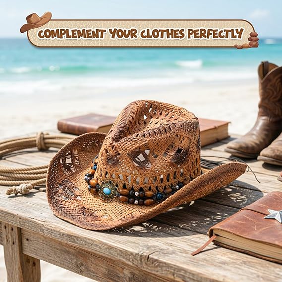 4E's Novelty Brown Straw Cowgirl Hat for Women Raffia Straw