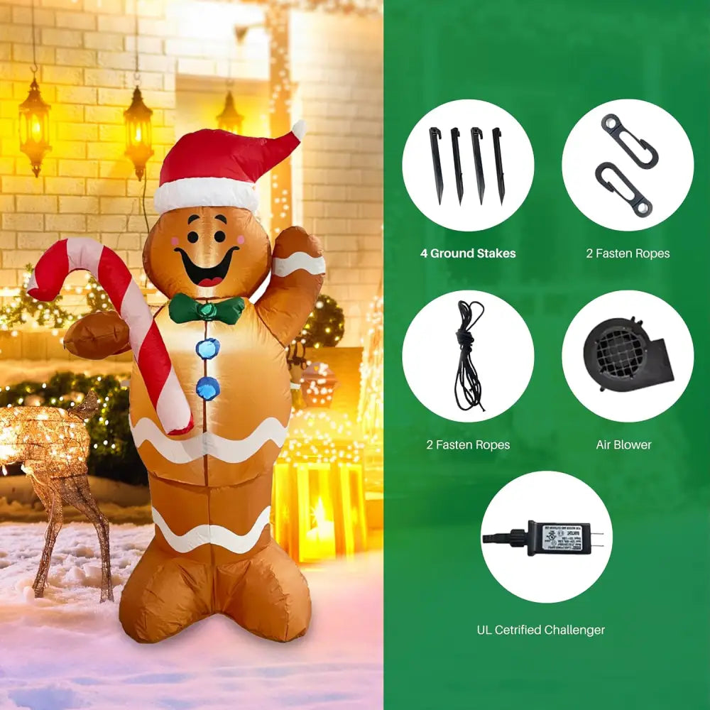 5ft Inflatable Gingerbread Man with LED Lights by 4E’s Novelty. Perfect for Christmas parties and indoor or outdoor