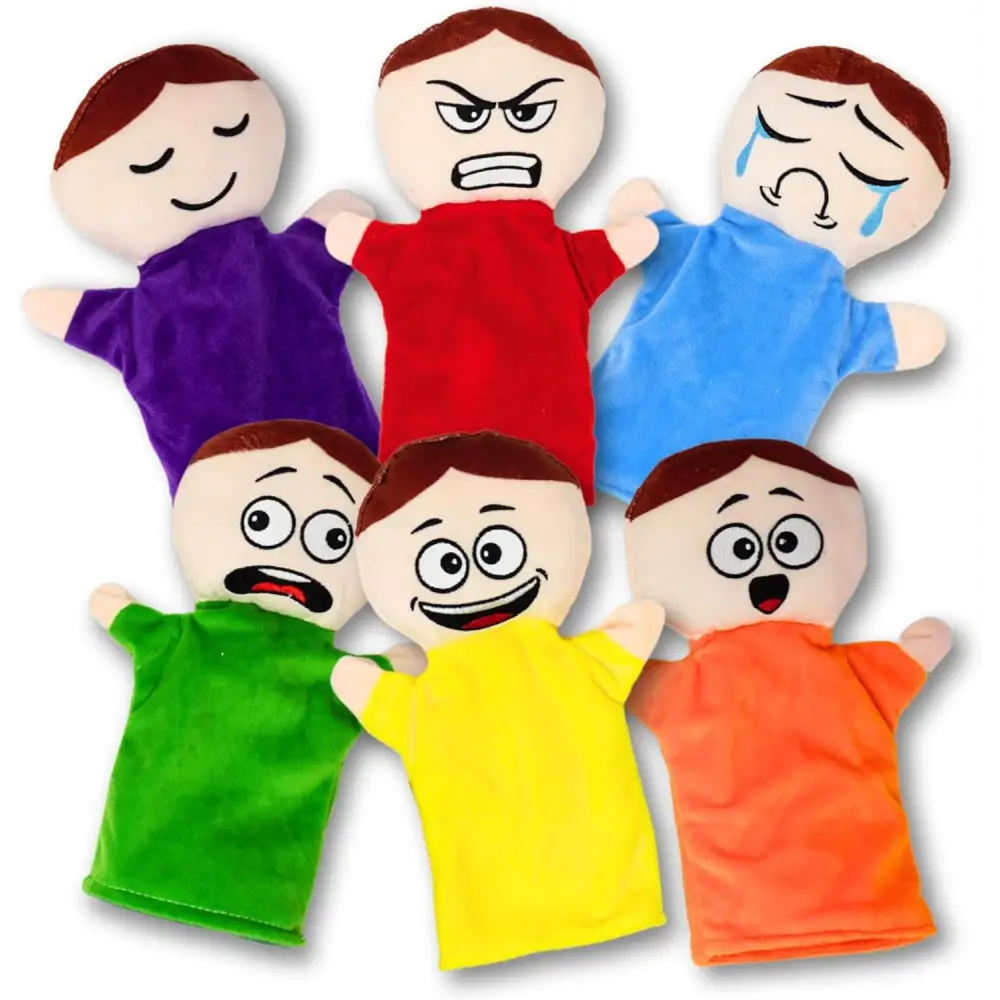 6 Pack Feeling Hand Puppets for Kids with 6 Core Emotions, with Moveable Arms, Soft Plush Hand Puppets for Toddlers, Early Education Toys, Social Emotional Learning Activities by 4E's Novelty