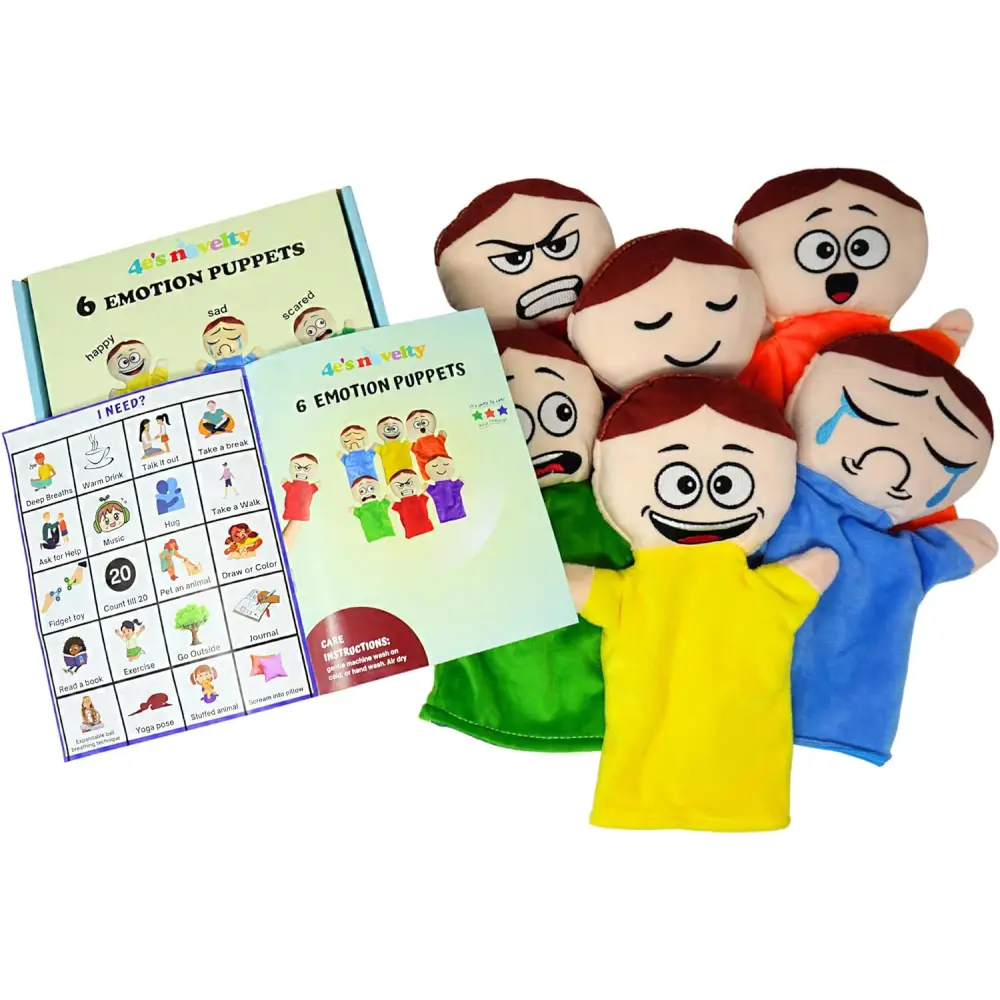 6 Pack Feeling Hand Puppets for Kids with 6 Core Emotions, with Moveable Arms, Soft Plush Hand Puppets for Toddlers, Early Education Toys, Social Emotional Learning Activities by 4E's Novelty