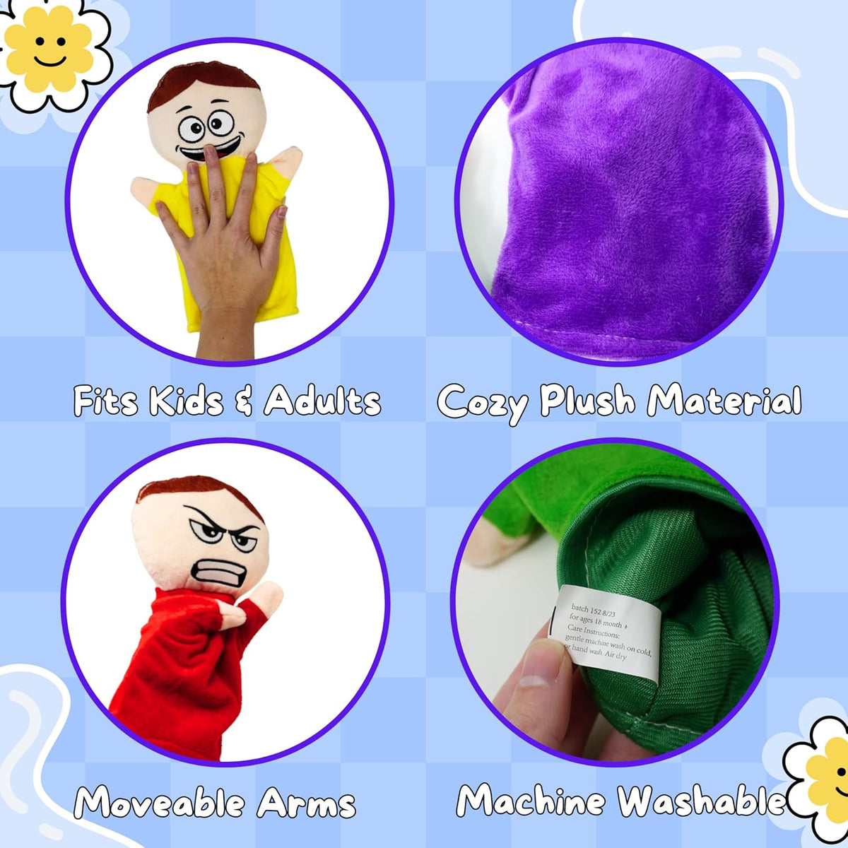 6 Pack Hand Puppets with Emotions - Soft Plush for Kids