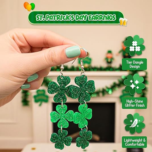4E's Novelty St Patricks Day Large Acrylic Green Shamrock Earrings for Women