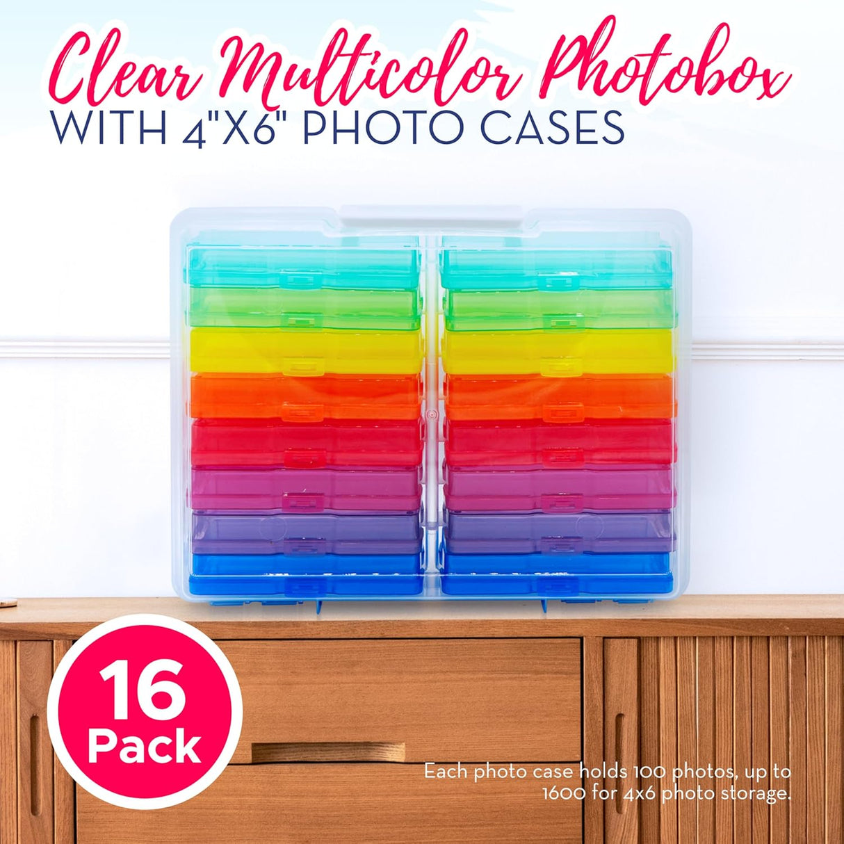 4E's Novelty 16 Pack Clear Multi-color Photo Box with 4x6 Photo Cases