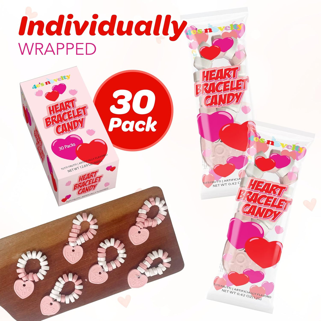 4E's Novelty 30 Packs Heart Candy Bracelet, Valentine Candies Bracelets Individually Wrapped