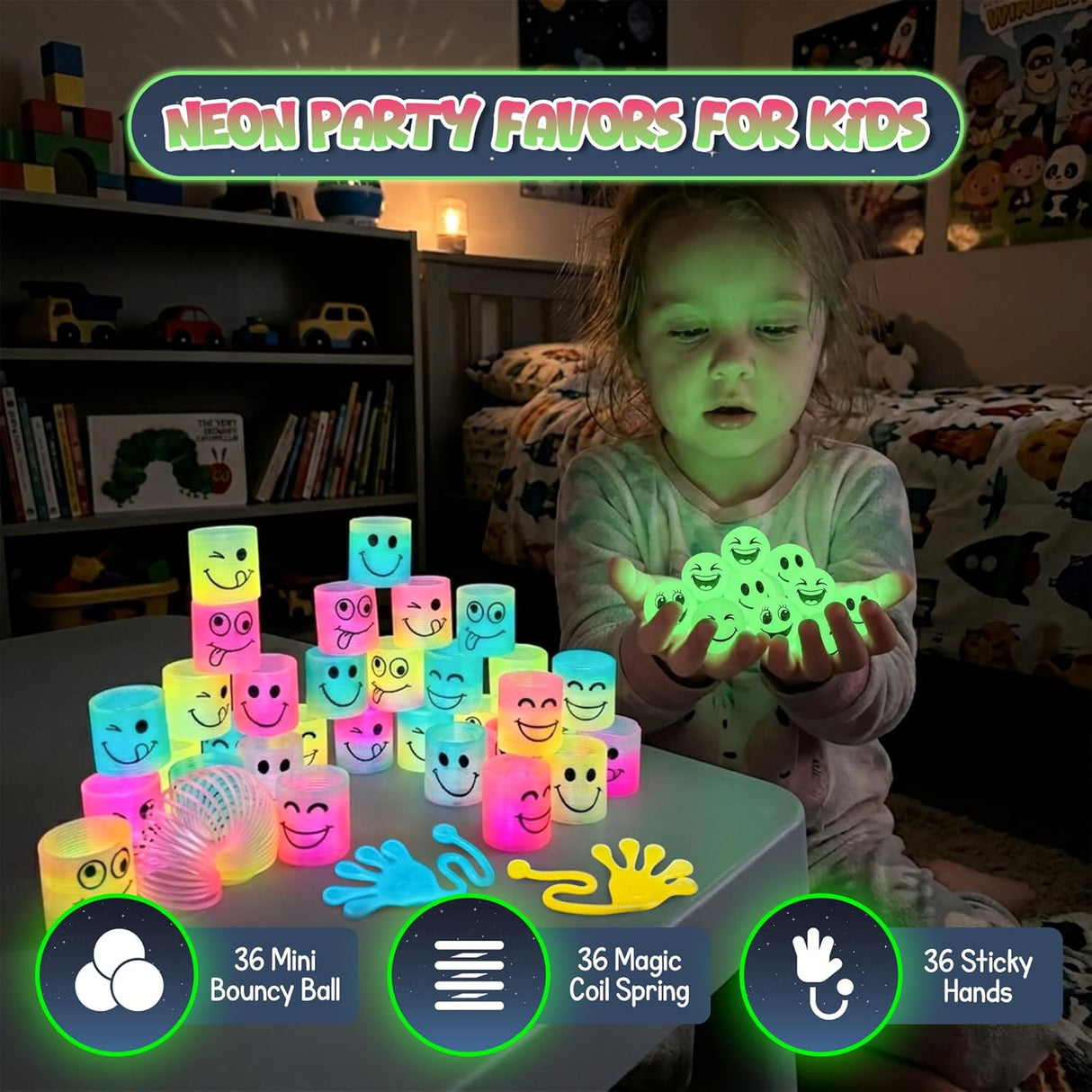 4E’s Novelty 108-Piece Glow in the Dark Party Favors – Bouncy Balls, Sticky Hands & Spring Toys