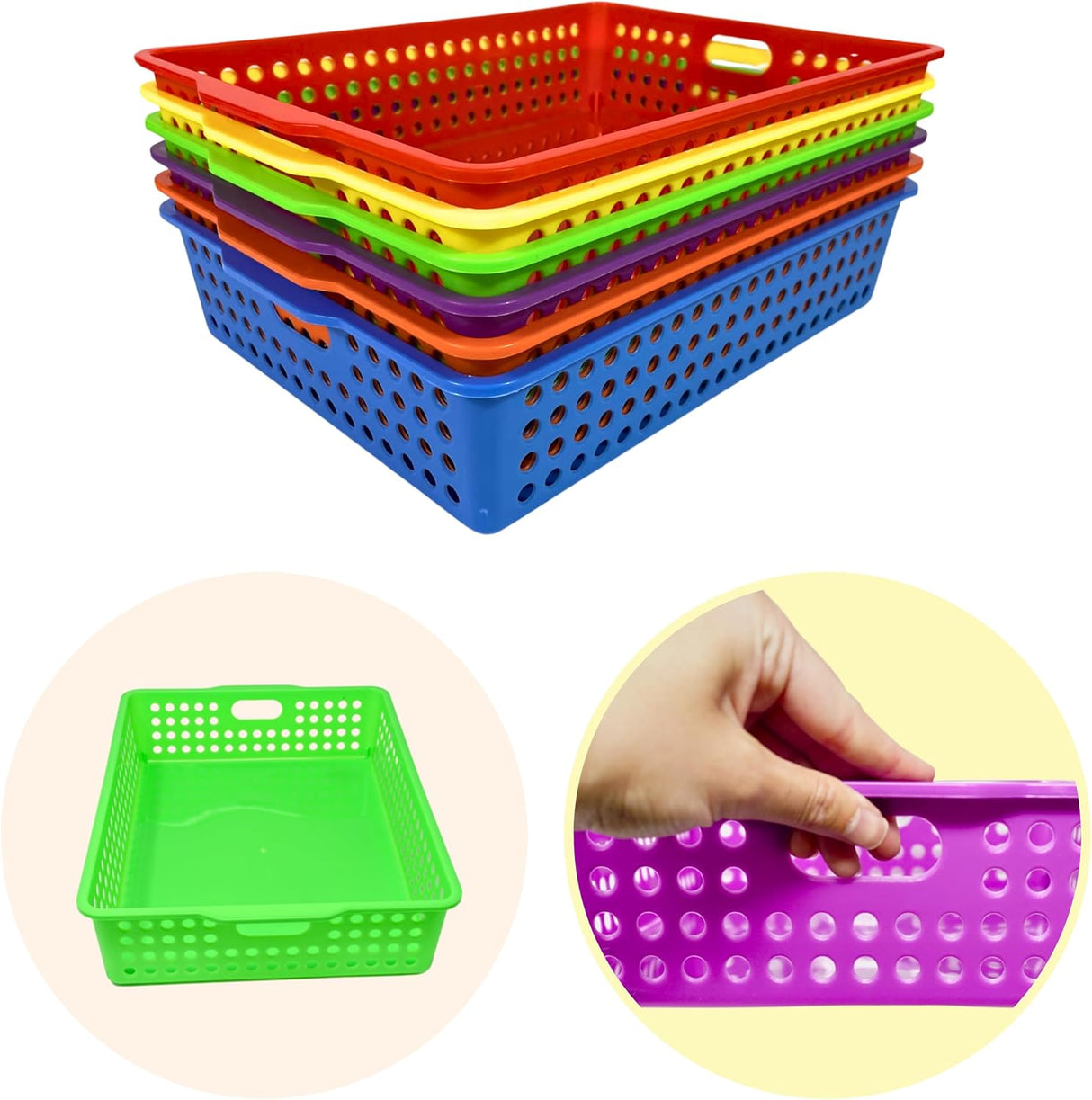 4E's Novelty Colorful Plastic Classroom Storage Bins - 13.75" x 10.25" for Organizing Papers, Pencils, Arts & Crafts, Rainbow Containers