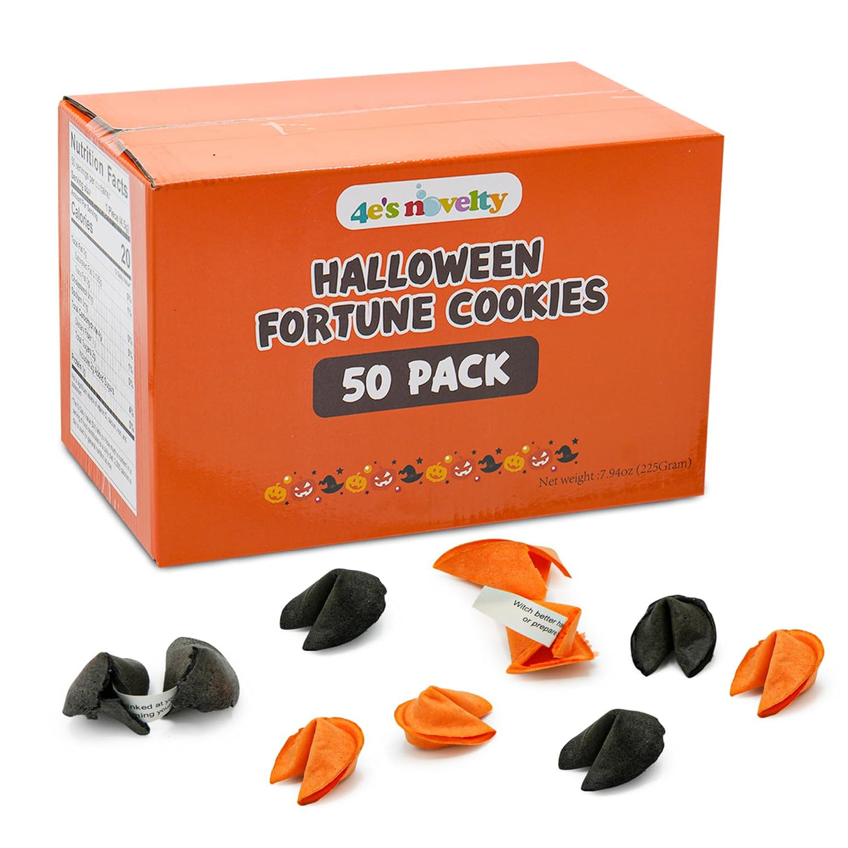 4E's Novelty Halloween Fortune Cookies Bulk - 50 Individually Wrapped Vanilla Cookie