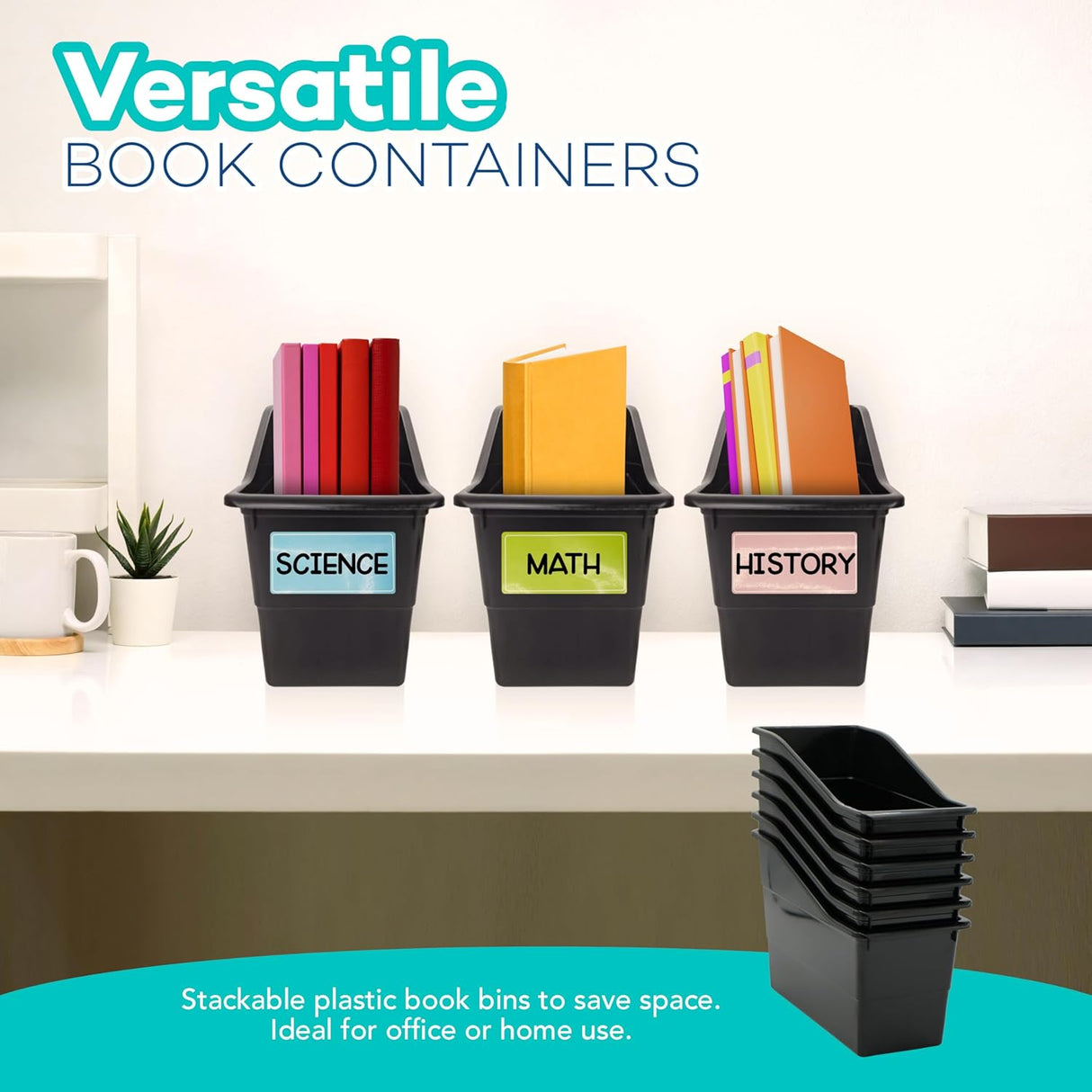 4E's Novelty 6 Pack Large Book Bin with Labels Plastic Bins for Books