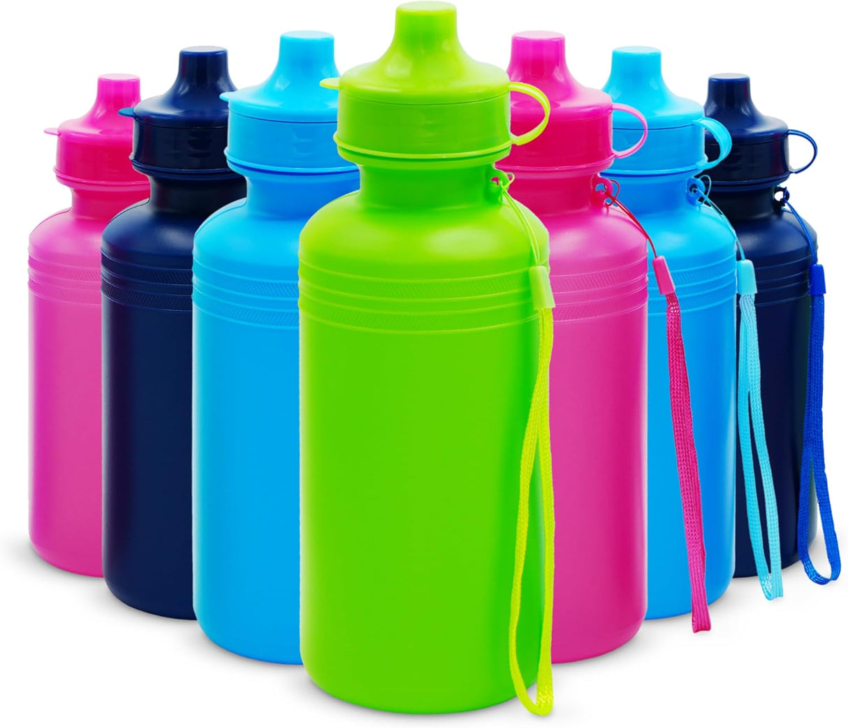 4E's Novelty 22 Pack Water Sports Bottles for Kids Bulk, 18 oz Squeeze Reusable Plastic Neon Colors BPA Free Bike Water Bottles, Party Favor, End of Year Student Gifts from Teacher