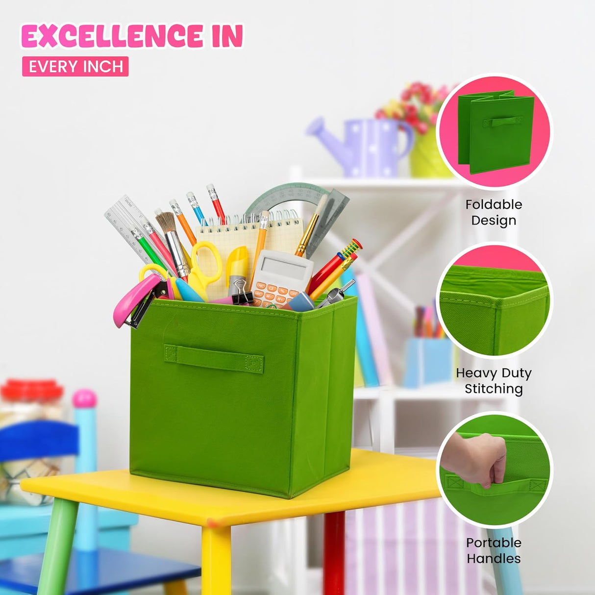 4E's Novelty 6 Packs 11 Inch Rainbow Color Storage Foldable Cube Bins, Colorful Storage Baskets