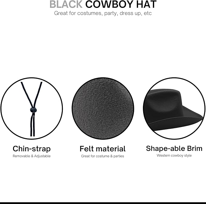 4E's Novelty 2 Pack Black Cowboy Hat – Kids Felt Cowgirl Hats for Boys, Girls, Teens