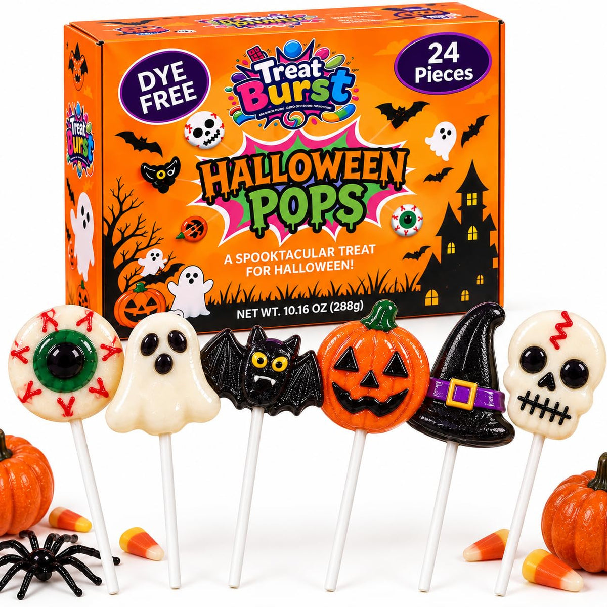 Treat Burst Halloween Lollipops 24 Pack – Dye-Free Fruity Candy