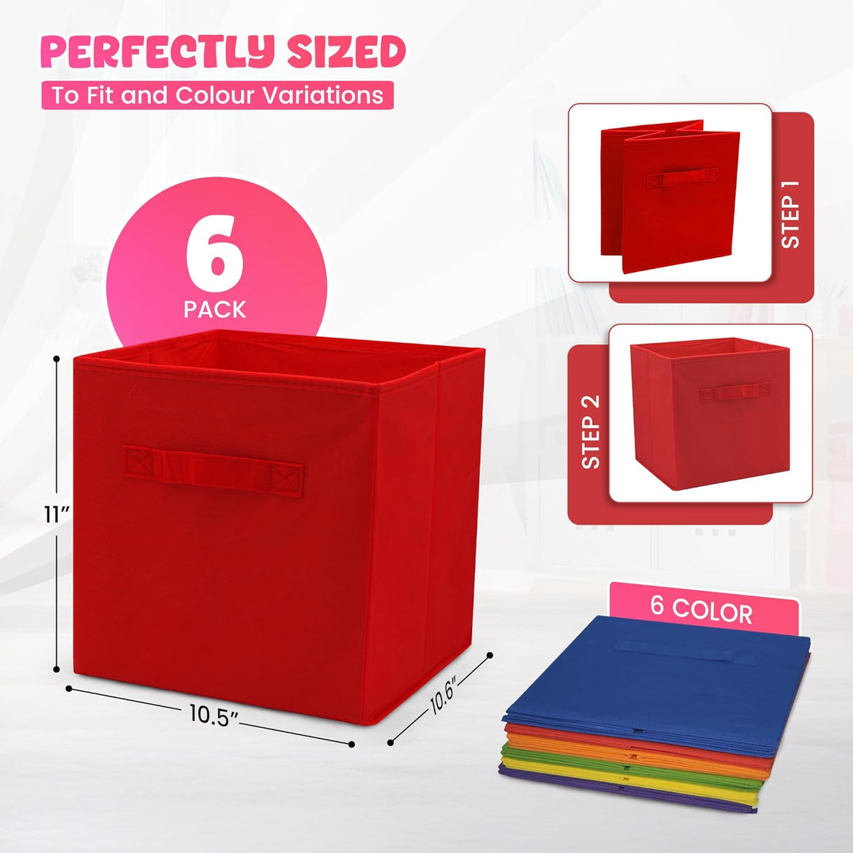 4E's Novelty 6 Packs 11 Inch Rainbow Color Storage Foldable Cube Bins, Colorful Storage Baskets