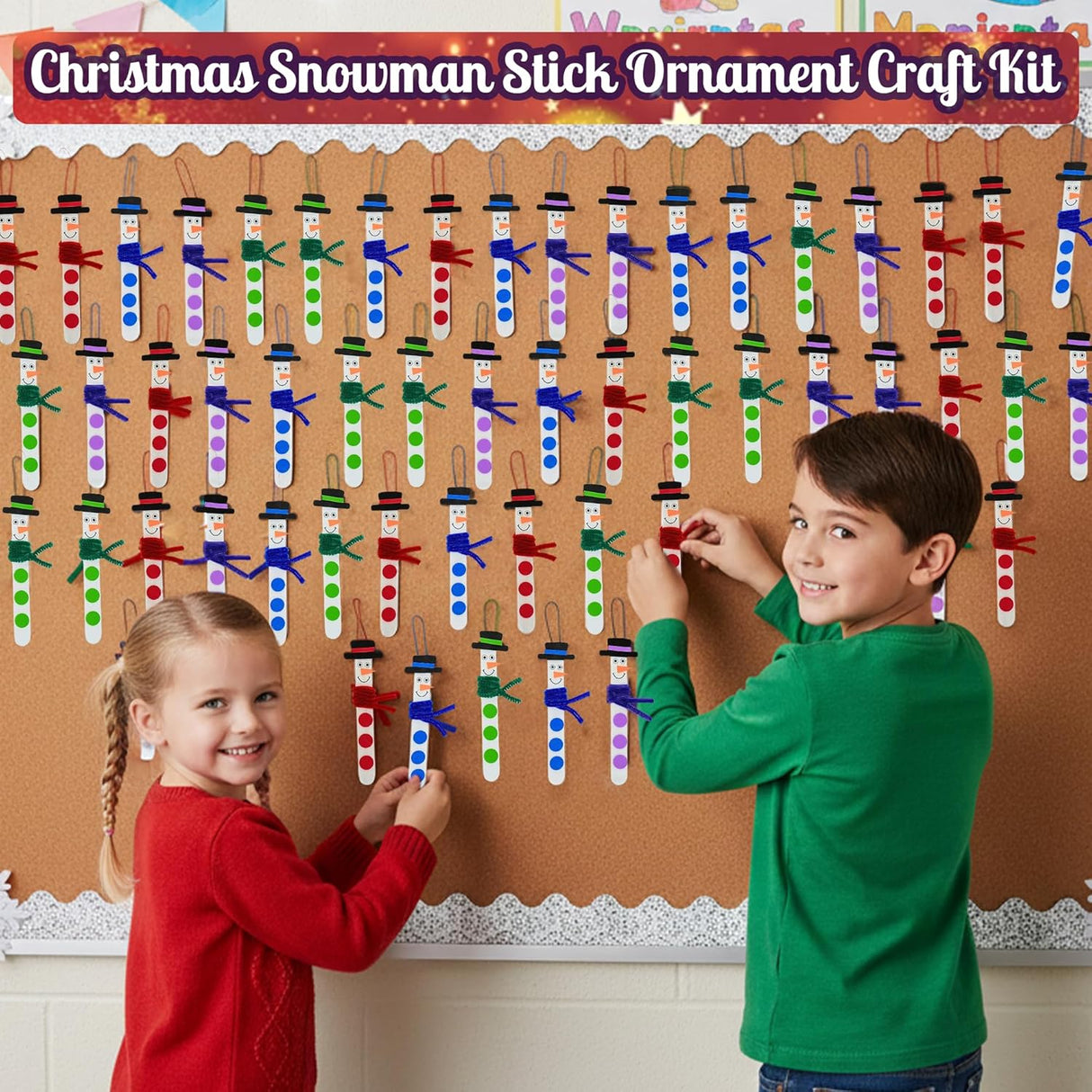 4E's Novelty 12 Pack Christmas Snowman Stick Ornament Craft Kit - Fun DIY Snowman Ornament Kit, Complete Snowman Popsicle Stick Craft for Ages 2-8