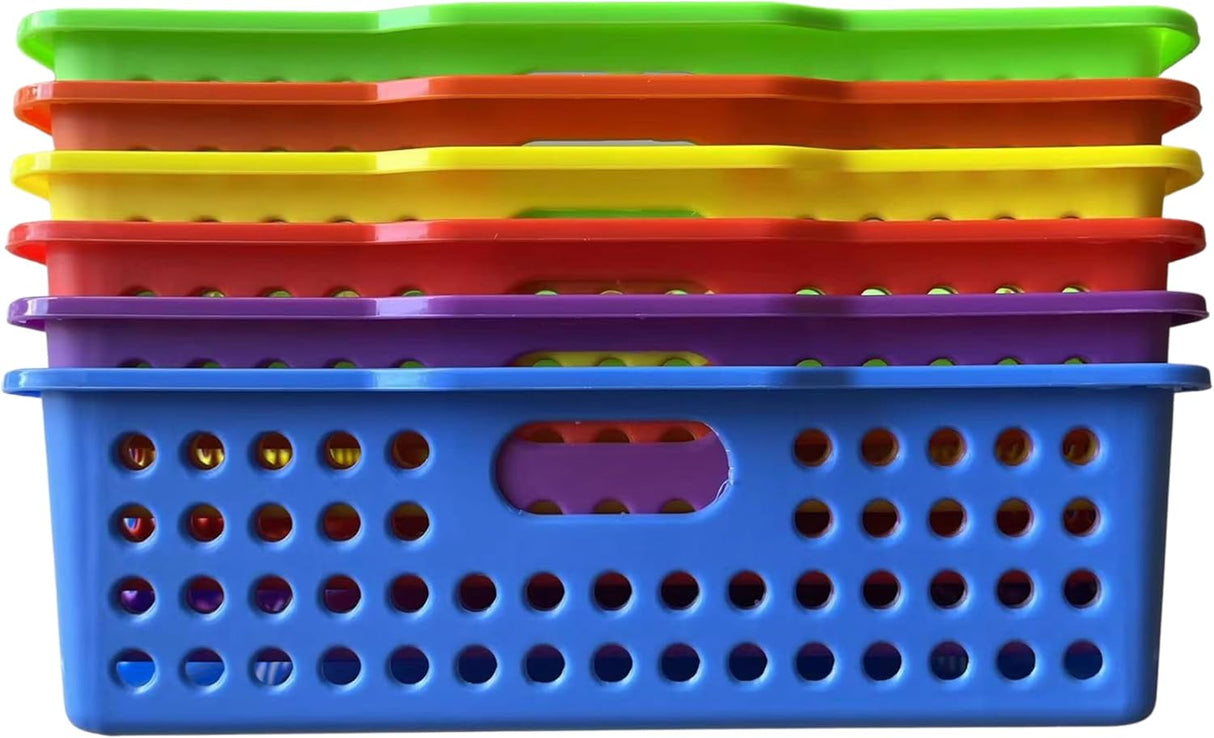 4E's Novelty Colorful Plastic Classroom Storage Bins - 13.75" x 10.25" for Organizing Papers, Pencils, Arts & Crafts, Rainbow Containers