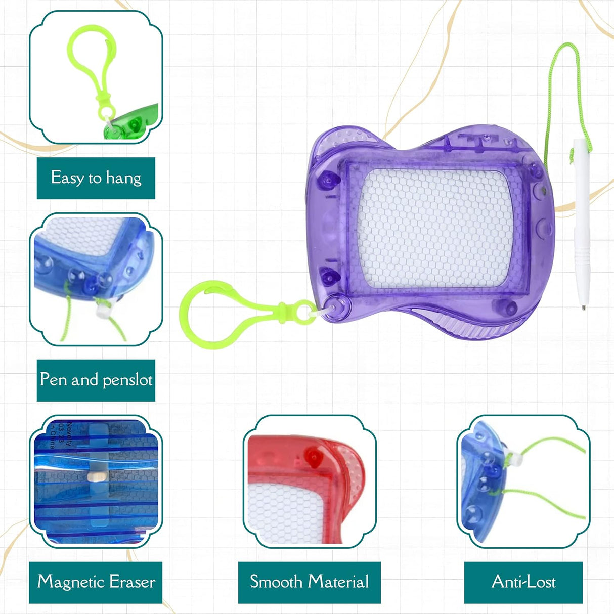 4E’s Novelty Mini Drawing Board for Kids 12 Pack, Erasable Doodle Writing Pad Keychain Backpack Clip for Boys Girls