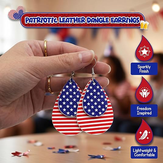 4E's Novelty 4th of July Earrings for Women , Red White Blue Faux Leather Dangle
